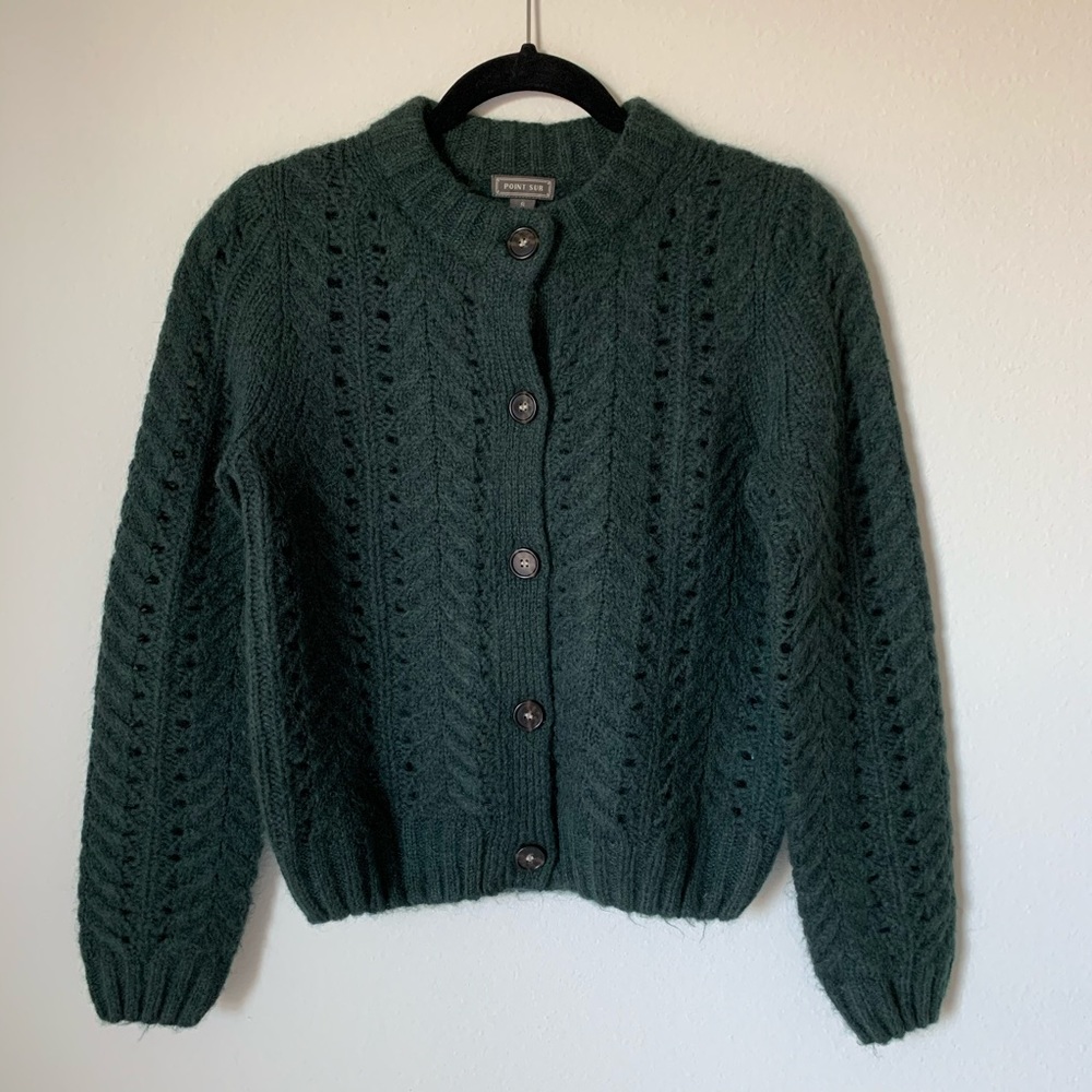 Point Sur Pointelle Knit Fuzzy Cardigan Sweater